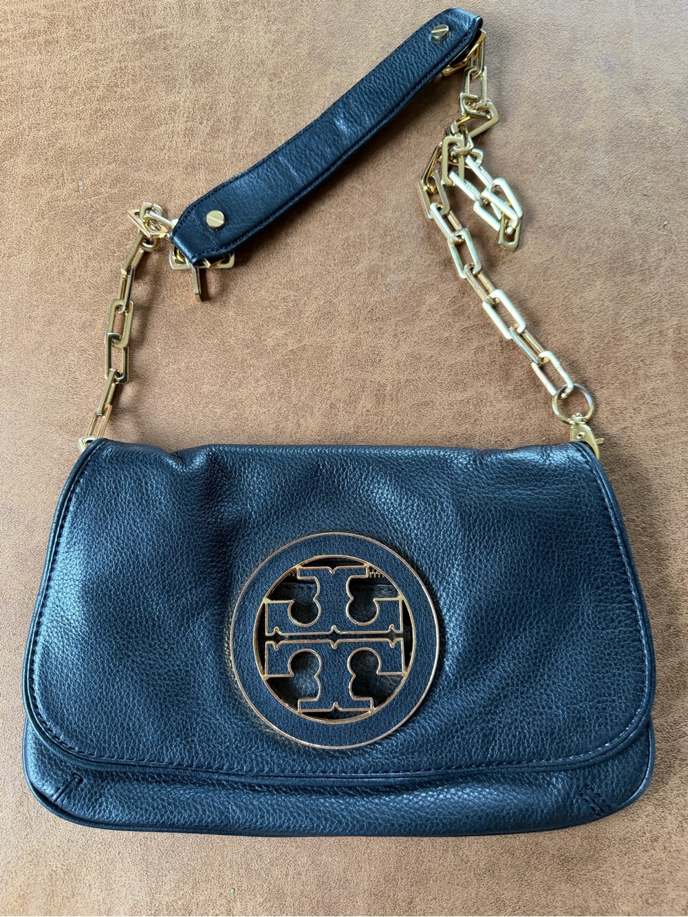 Tory Burch Black Buttery Soft Leather Shoulder Bag with Gold Chain